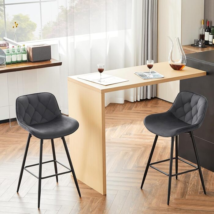 Барні стільці EUGAD 2 шт, оксамитові з спинкою, ергономічні бістро-стілець, м'які стільці для бару та кухонного острова, металеві ніжки, підніжка, темно-сірі
