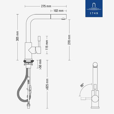 Змішувач кухонний Villeroy & Boch Steel з висувним душем, поворотний на 360°, нержавіюча сталь, високий вилив 270 мм, для кухні