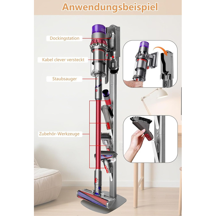 Металевий стійка-тримач для пилососа JUPELI, сумісна з Dyson V16, Gen5, V15, V12, V11, V10, V8, V7, V6 — підставка для зберігання пилососа та аксесуарів, без свердління (Сріблястий)