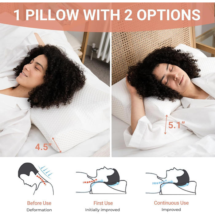 Ортопедична подушка для шиї Elviros з піни Memory Foam, ергономічна, для сну на спині, боці та животі, знімний охолоджуючий чохол, 64×(11,5/13)×40 см, сірий