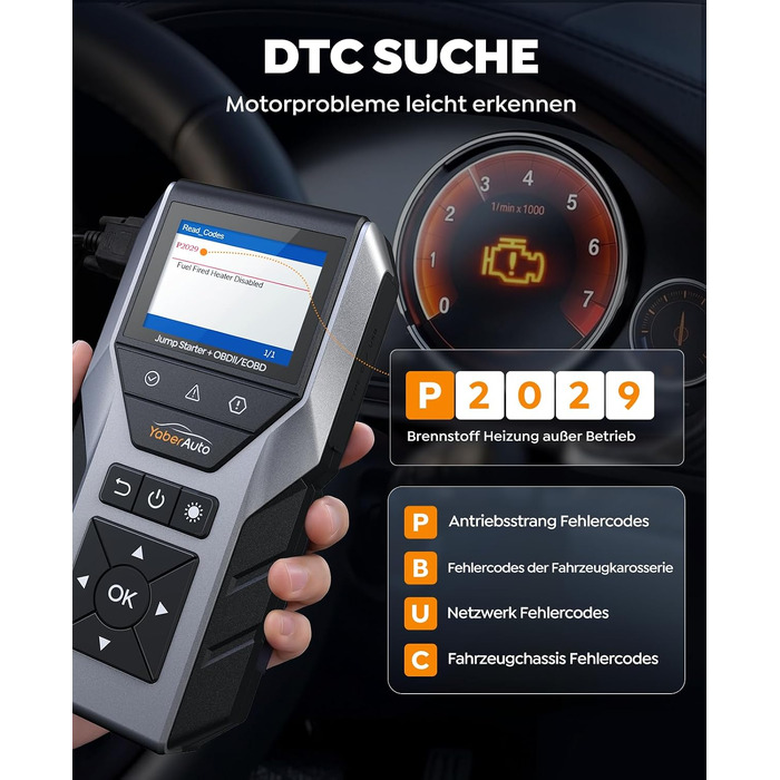 Пусковий пристрій YaberAuto Jump Starter 7000A з OBD2 діагностикою та тестером акумулятора, Powerbank 16800mAh для бензинових та дизельних авто (до 10л), з LED-ліхтарем