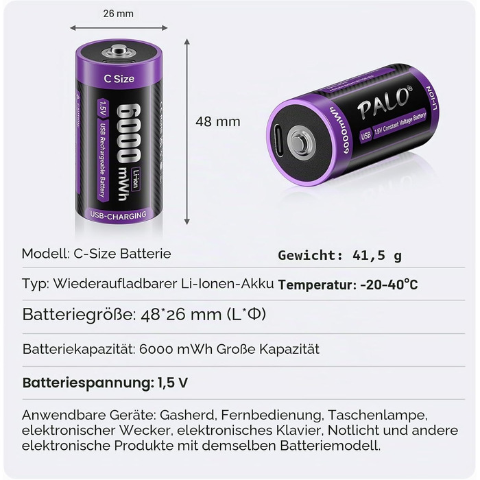 Акумулятори LR14 (Baby C) 1.5V 6000mWh Li-ion з USB-C портом для швидкої зарядки, 4 шт. — Перезарядні літієві батареї з кабелем