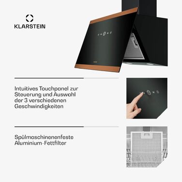 Витяжка кухонна Klarstein FlashLine 60, 60 см, чорна з міддю, продуктивність 524 м³/год, сенсорне керування, LED-підсвітка, клас A++, режим відведення та рециркуляції