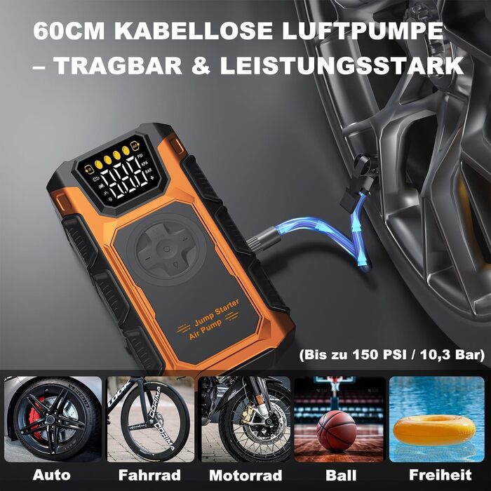 Пусковий пристрій (бустер) для авто Starthilfe 6000A з компресором 150 PSI, Powerbank 12V для бензинових та дизельних двигунів до 10л, з QC3.0, LCD-дисплеєм та ліхтарем, помаранчевий