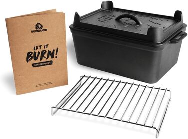 Чавунна прямокутна форма BURNHARD 6,5 л з кришкою-сковорідкою, для запікання, випікання хліба, тушкування і запікання, попередньо підготовлена, з нержавіючою решіткою