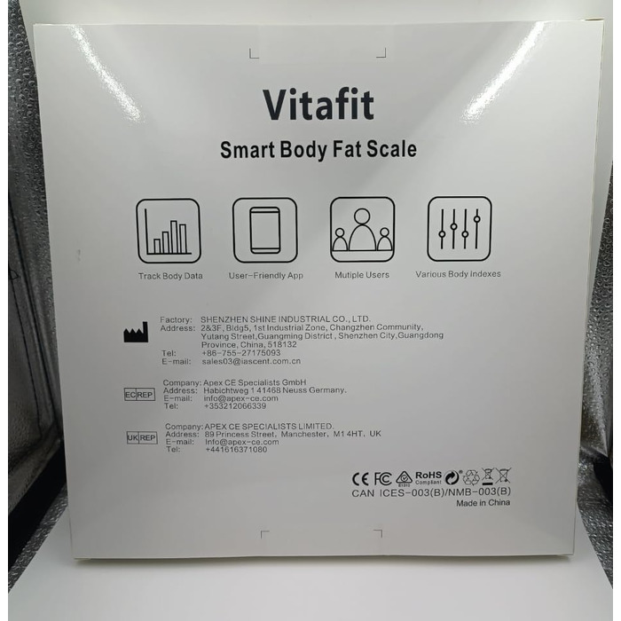 Ваги для вимірювання жирової маси тіла Vitafit з Bluetooth та додатком, 180 кг, чорні, аналізатор складу тіла, індекс маси тіла, м'язова маса