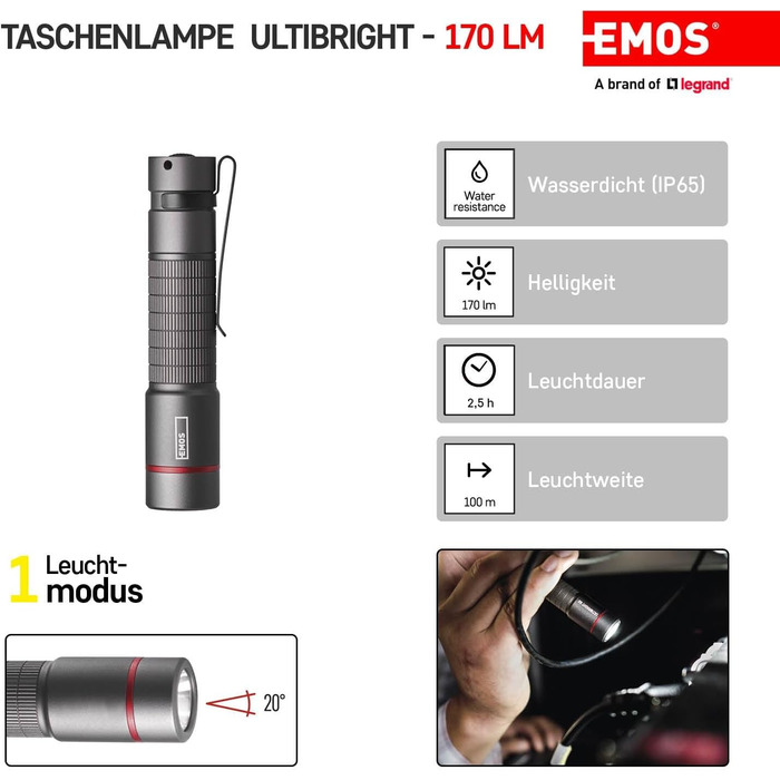 Ліхтарик EMOS Ultibright 60, CREE LED, металевий, ударостійкий і водонепроникний IP65, 170 лм, до 100 м, з кліпсою та ручкою, чорний, для дому та вулиці