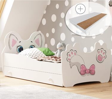 Дитяче ліжко Kids Collective 80x160 см з матрацом, шухлядою, дерев'яне, мотив кішка, європейське виробництво