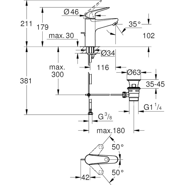 Змішувач для раковини Grohe Swift, хром, з витяжною системою, 18 см, з інструментом 3-в-1, для легкої установки, водо- та енергозберігаючий