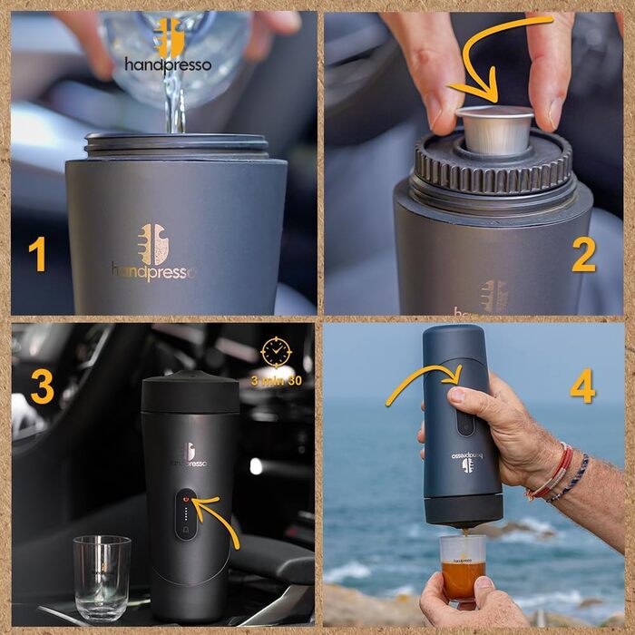 Handpresso Auto: портативна кавомашина для автомобіля, вана та кемпінгу | Espresso & Lungo | USB-C | для капсул та наповнення