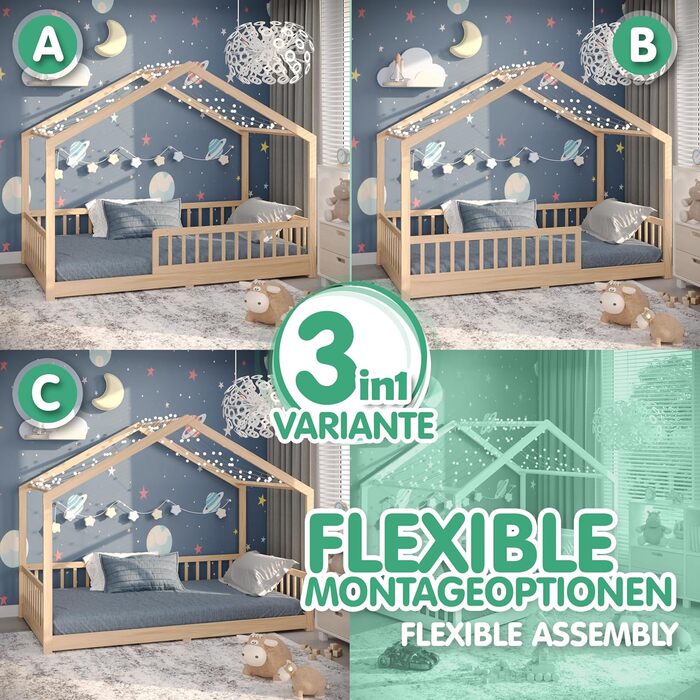 CADANI Мальте: ліжко-будинок для дітей 120x200 см, біле, Montessori, з бортиками, трансформується, з ламелями, до 200 кг