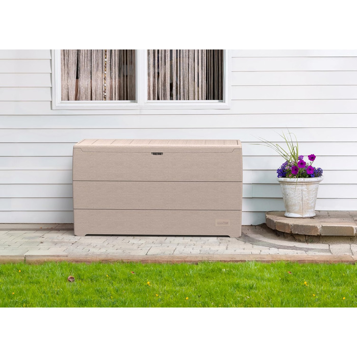 Duramax Cedargrain Durabox 270л: пластиковий органайзер для саду з колесами та ручками, короб для подушок, теплий сірий колір
