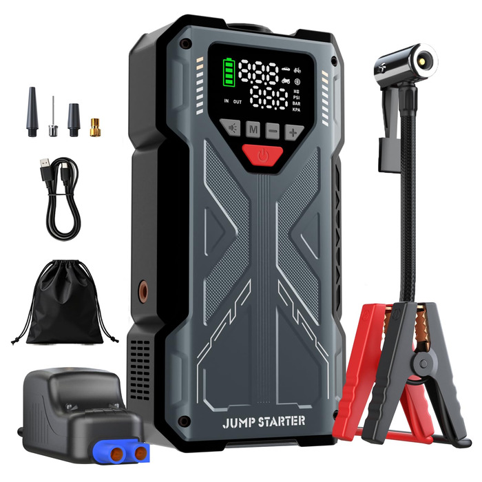 Пусковий пристрій (бустер) для авто Starthilfe 8000A з компресором 150 PSI, Powerbank 12V для бензинових та дизельних двигунів до 10л, LED-дисплей, сірий
