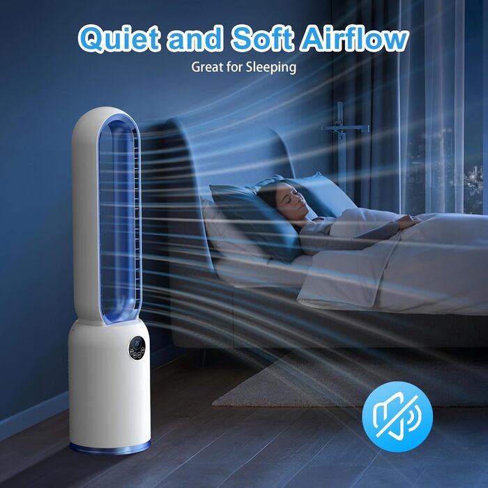 Безлопатевий вентилятор Turmventilator 88 см, з LED-дисплеєм, пультом, таймером 12 год, 90° осциляція для спальні/офісу (синій)