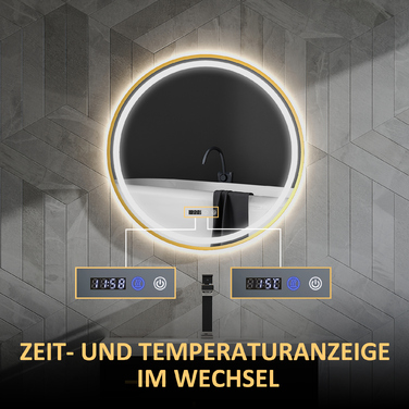 Дзеркало для ванної кімнати з підсвіткою LED, з функцією запобігання запотіванню, сенсорним керуванням та дисплеєм.