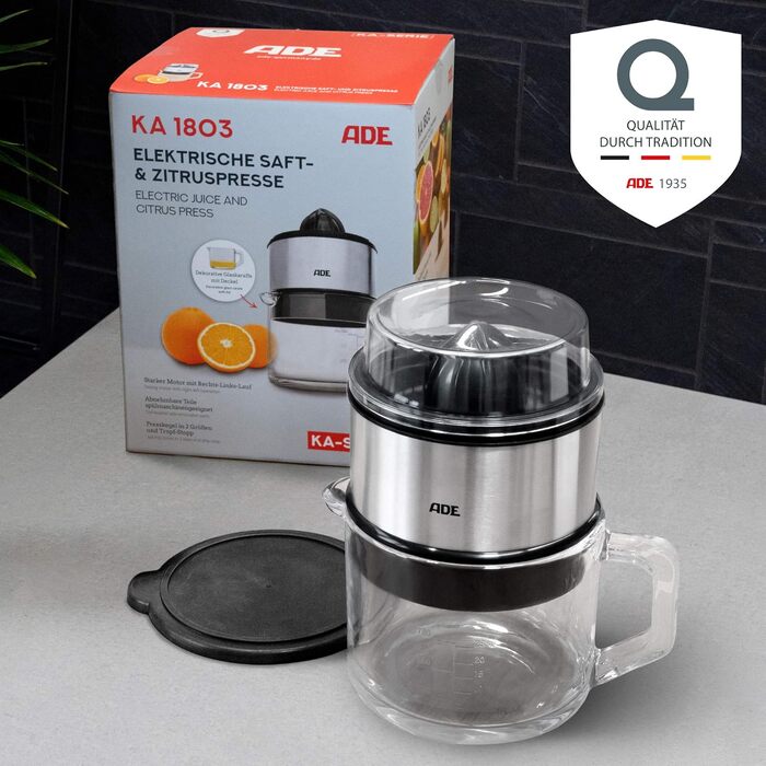 Електрична соковижималка для цитрусових ADE KA1803, 60 Вт, скляна колба без BPA, срібляста