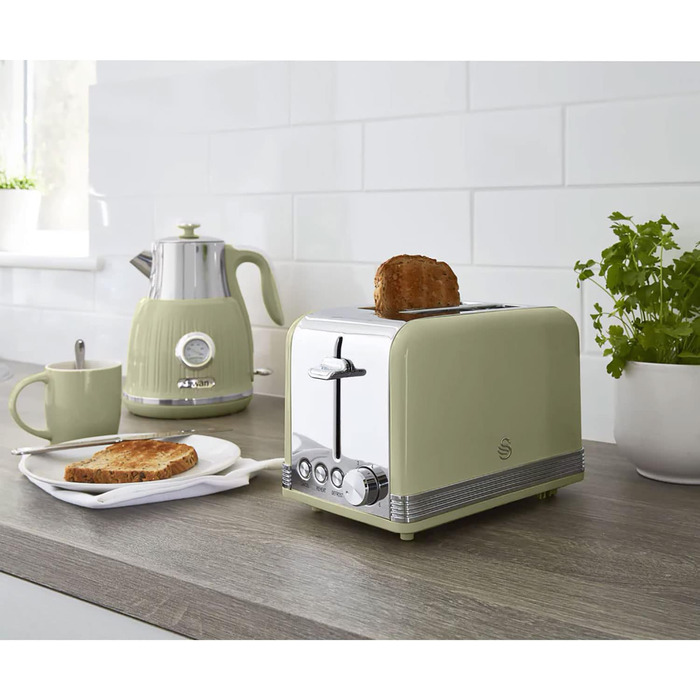 Тостер Swan Retro ST19010GNEU, 2-слотовий, широкий, вінтажний дизайн, 3 функції (розморожування/підігрів/скасування), 6 режимів, нержавіюча сталь, зелений, 815 Вт