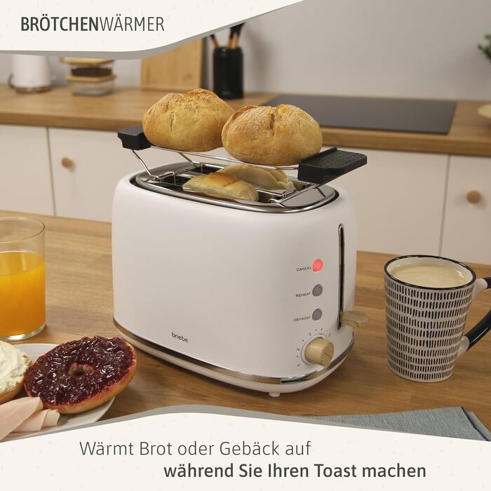 Тостер Briebe Nordic Set 2-слотовий з підставкою для булочок, 6 рівнів підсмажування + Електричний чайник 1.7л 2200Вт, BPA-free, Білий