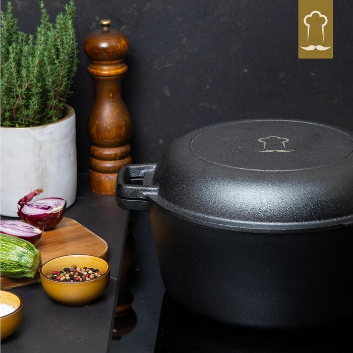 Чавунний казан Chefarone 26 см з кошиком для вистоювання та лопаткою, форма для випікання хліба з кришкою, об'єм 4,6 л, міцний посуд для домашнього хліба
