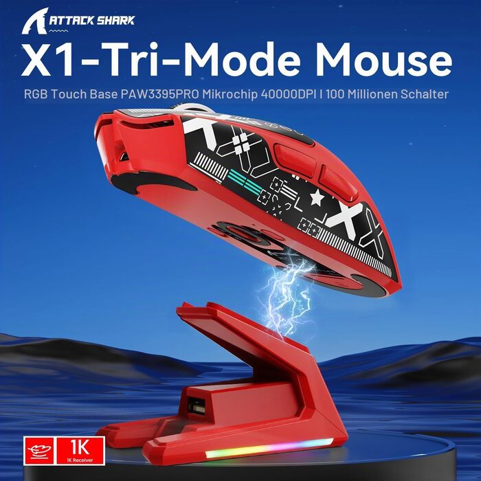 Ігрова миша Attack Shark X1 White/B-Red: сенсор PixArt PAW3395PRO, 40000 DPI, вага 53г, RGB док-станція з тачпадом, бездротова (BT/2.4G) та дротова, для Win11/Xbox/PS/Mac