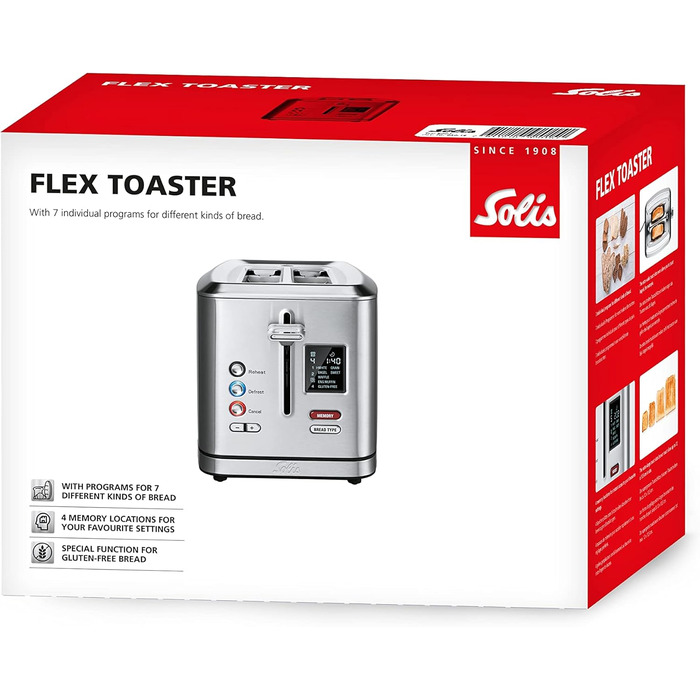 Тостер Solis Flex Typ 8004 Premium нержавіюча сталь: 7 програм, широкі слоти, LCD-дисплей, підставка для булочок, 950 Вт