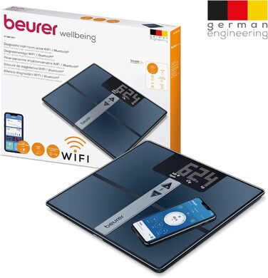 Діагностичні ваги Beurer BF 980 з Wi-Fi і Bluetooth, аналіз складу тіла, вимірювання частоти серцевих скорочень, акумулятор, чорні