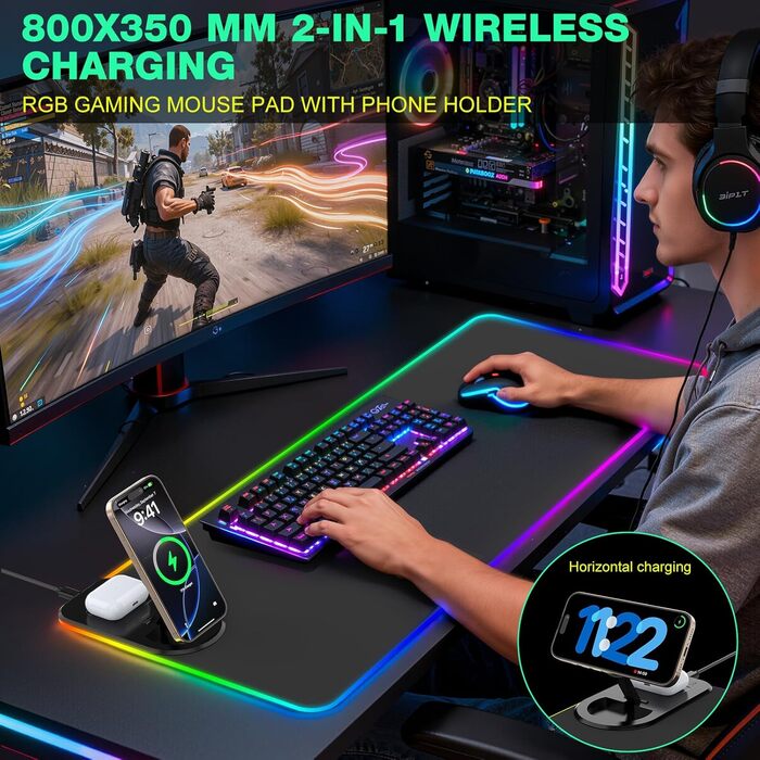 RGB ігровий килимок для миші з бездротовою зарядкою Qi 15W, LED підсвічуванням, 10 режимів, водонепроникний, протиковзкий, для геймінгу, офісу та дому (чорний)