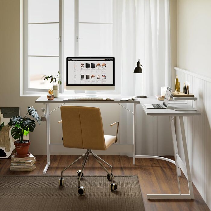 Кутовий письмовий стіл CubiCubi 120x120 см, білий, з полицею для монітора та шухлядами, комп'ютерний стіл для офісу, простий монтаж, місткий, компактний L-подібний стіл