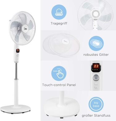 Вентилятор підлоговий Midea FS40-16CR з DC-мотором, 12 швидкостей, тиха робота 27 дБ, дистанційне керування, LED-дисплей, таймер 12 год, 4 режими, енергозбереження, 5 лопатей, регульована висота, білий