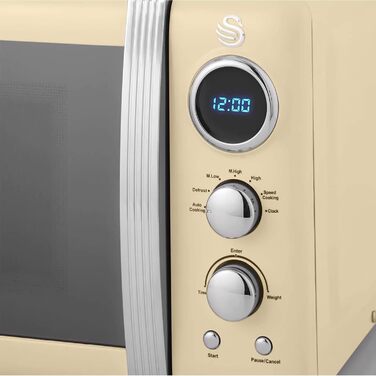 Мікрохвильова піч Swan Retro SM22030CNEU 20 л, 800 Вт, 5 режимів, розморожування, таймер 60 хв, вінтажний дизайн, кремова, дзеркальні дверцята