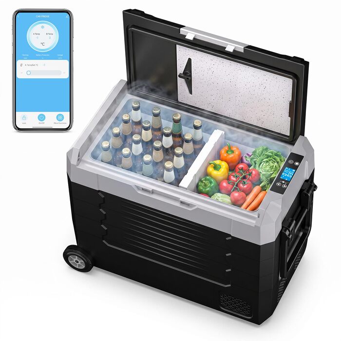 Автомобільний холодильник KROAK 55L з Bluetooth, Dual-Zone (-20°C/+20°C), 12/24/230V – для кемпінгу, авто, вантажівок, з колесами та перегородкою