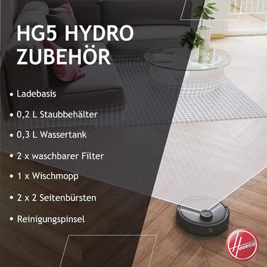 Робот-пилосос Hoover HG5 з функцією вологого прибирання, керуванням через додаток, лазерною навігацією, сенсорами перешкод і автоматичним поверненням на базу – для всіх типів підлог, модель HG530H