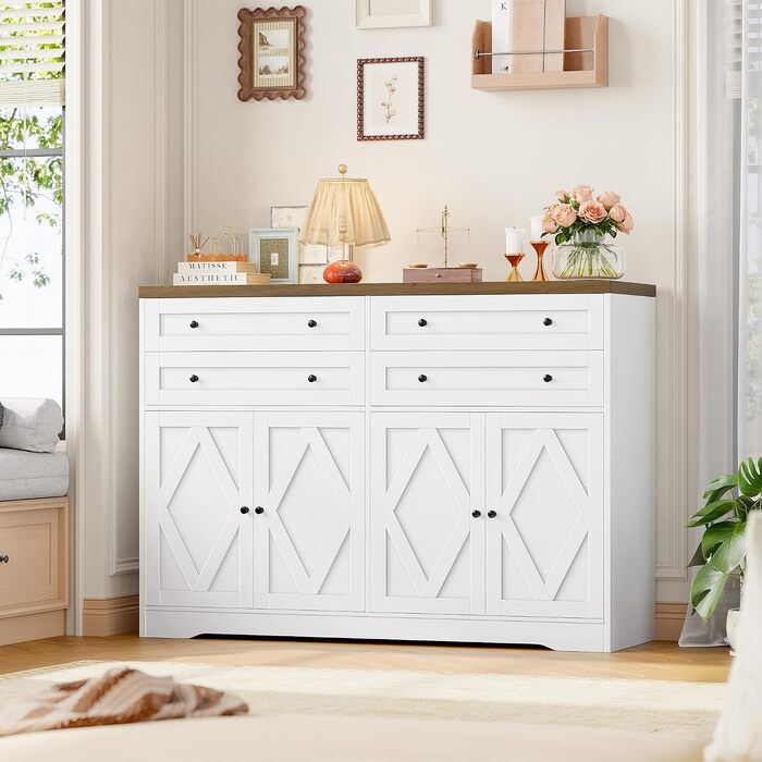 Сервант HOCSOK 132.7 см, кухонна шафа-буфет з регульованими полицями, біло-коричнева