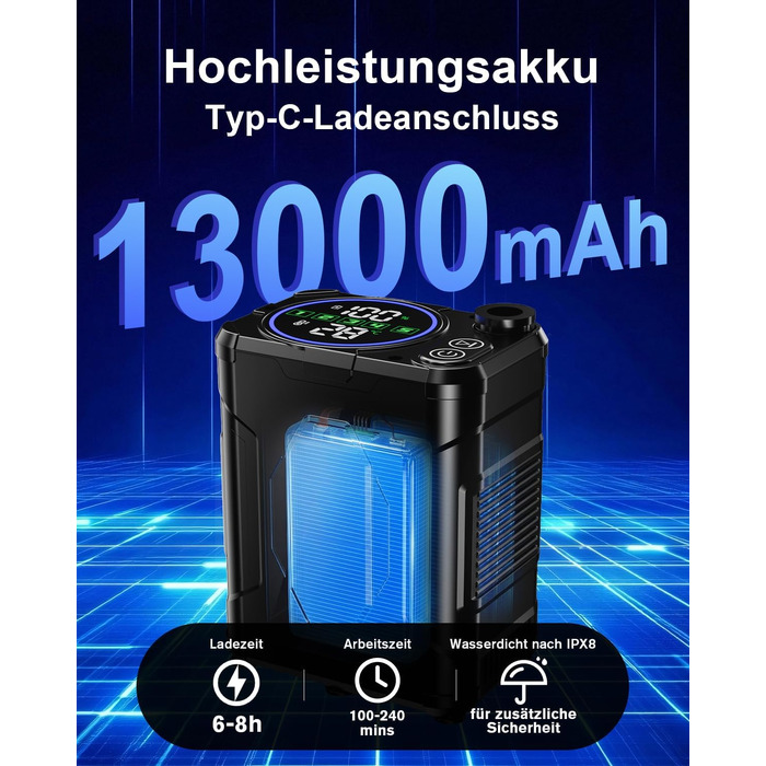Портативний кемпінговий душ Spopal з акумулятором 13000 мАг, водонепроникний IPX8, з цифровим дисплеєм та функцією паузи, для подорожей, кемпінгу та миття авто (Чорний)