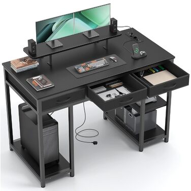 Комп'ютерний стіл Claiks з 3 шухлядами, полицею, 2 розетками та 2 USB-портами для зарядки, білий (120 x 60 см), чорний