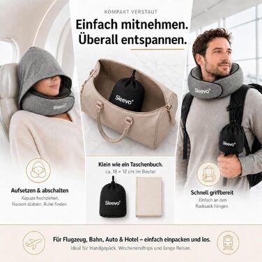 Ергономічна подушка для подорожей з ефектом пам'яті (Memory Foam) та капюшоном-маскою для сну, сіра (розмір M) — для літака, поїзда та авто
