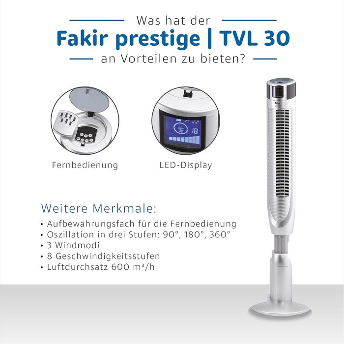 Турмовентилятор Fakir Prestige TVL 30 з пультом, 3 режими, 8 швидкостей, 360° осциляція, таймер, LED-дисплей, 40 Вт, сріблястий, тихий