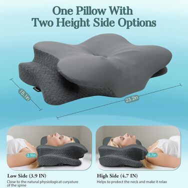 Ортопедична подушка з піни Memory Foam для сну на боці, підтримка шиї, Queen Size (40x60x12 см), темно-сіра. Зменшує біль у шиї та плечах