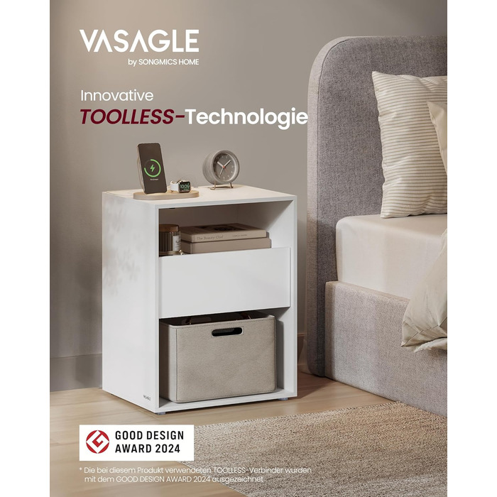 VASAGLE Набір із 2 приліжкових тумб з USB, сучасні тумби з шухлядою, швидке складання без інструментів, матово-білі, для спальні і вітальні