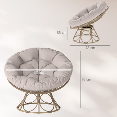 Outsunny Papasan Крісло Ротанг 360° Поворотне плетене крісло з подушкою сидіння Діаметр 120 см Кругле зовнішнє ротангове крісло Поворотне крісло Крісло для відпочинку Крісло Реклайнер для вітальні Сад Балкон Світло-сірий