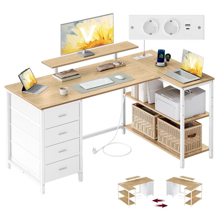 Кутовий комп'ютерний стіл VASAGLE L-подібний з розетками, 4 шухляди, USB, 160x80 см, колір натуральний дуб LWD173KD01