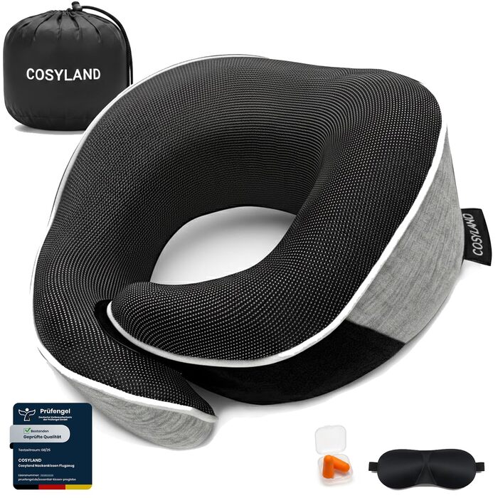 Подорожня подушка для шиї COSYLAND з ефектом пам'яті (Memory Foam) для літака та авто, ергономічна підтримка 360°, регульована, сіра (набір: чохол, маска для сну, беруші)