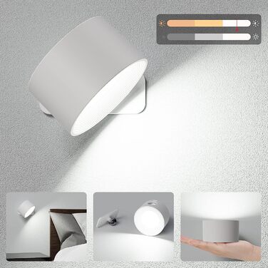 Aourow LED настінний світильник на батареї, акумуляторний, з USB-зарядкою, сенсорним керуванням, 3 режимами світла і яскравості, бездротова лампа для читання в спальні, білий