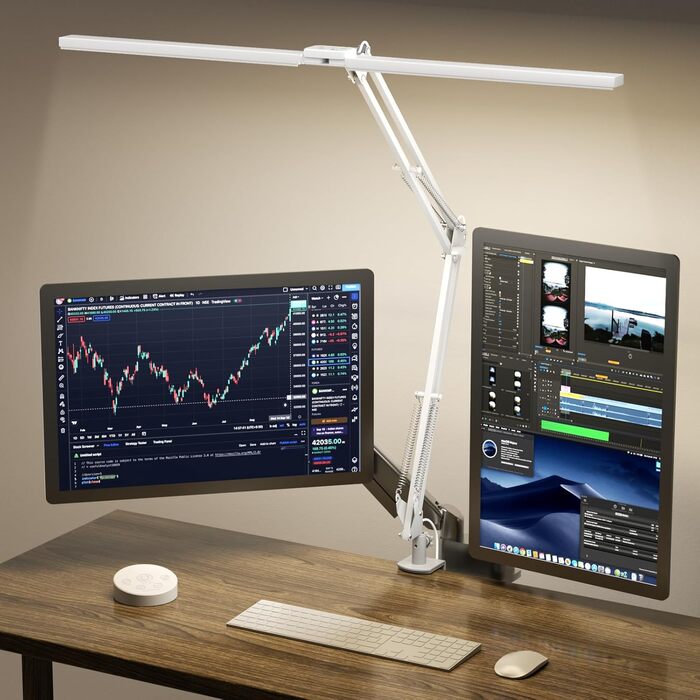 LED лампа настільна SKYLEO з двома головками, дистанційним керуванням, регулюванням яскравості, таймером, для офісу та читання, 76 см, з кріпленням