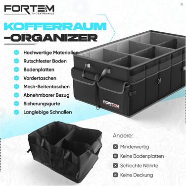 Органайзер у багажник автомобіля FORTEM Extra Large (85L) — складана сумка-контейнер з відділеннями, протиковзаючим дном та ременями фіксації, чорний
