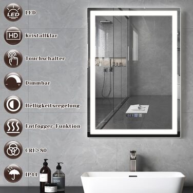 Дзеркало для ванної кімнати Mursche з підсвічуванням LED, 50x70 см, IP44, сенсорний вимикач, годинник, протитуманна функція, регулювання яскравості, 3000K-6500K, прямокутна форма