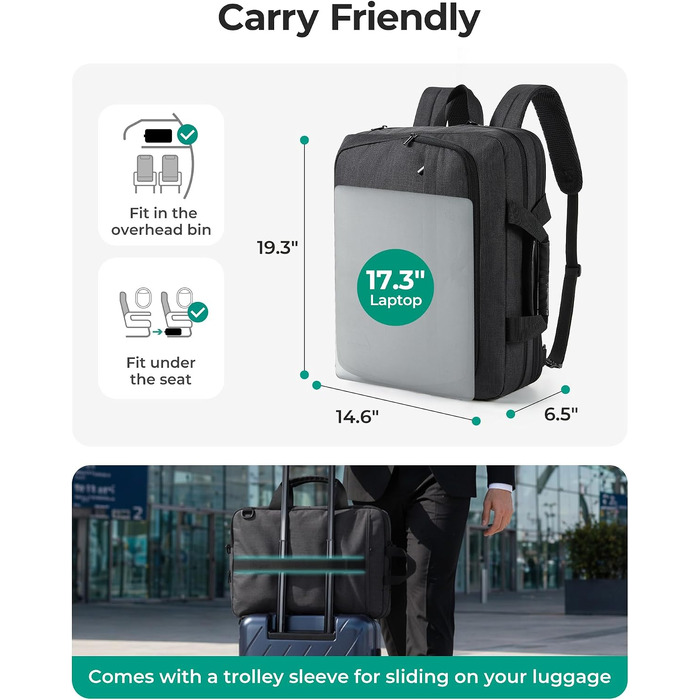 Сумка для ноутбука Bagsmart 17.3 дюймів, розширювана ділова сумка-месенджер для чоловіків та жінок, чохол для ноутбука з замком для офісу та подорожей (Чорний)