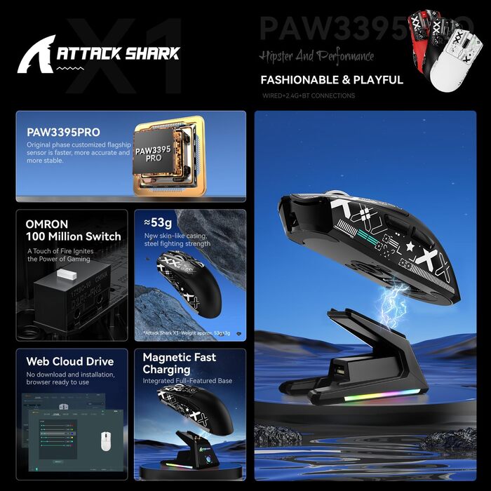 Ігрова миша Attack Shark X1 з RGB док-станцією, сенсором PixArt PAW3395PRO, 40000 DPI, бездротова/дротова (BT/2.4G), вага 53г, біла/чорна