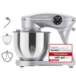 Кухонний комбайн KLAMER 1800W — планетарний міксер для тіста з чашею з нержавіючої сталі 6л, 10 швидкостей, таймером та набором насадок (гак, вінчик, міксер), сріблястий