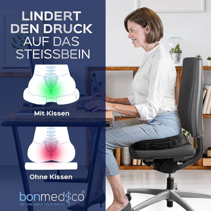 Ортопедична подушка для сидіння Bonmedico з Memory Foam та гелевим наповнювачем - для автомобіля, офісного крісла, інвалідного візка. Чорний велюр, великий розмір.